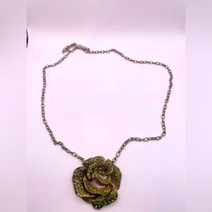 Vintage brass necklace with large flower w green gems fantastic cond no tarnish